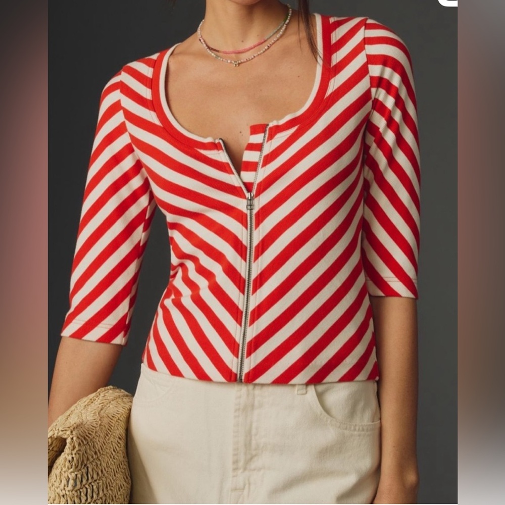 Anthropologie Maeve Scoopneck Zip-Front Stripe Top Size M NWT
